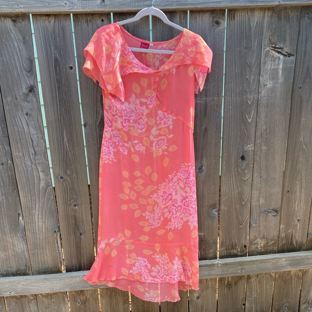 Johnny Was silk sheer pink floral medi side zip dress